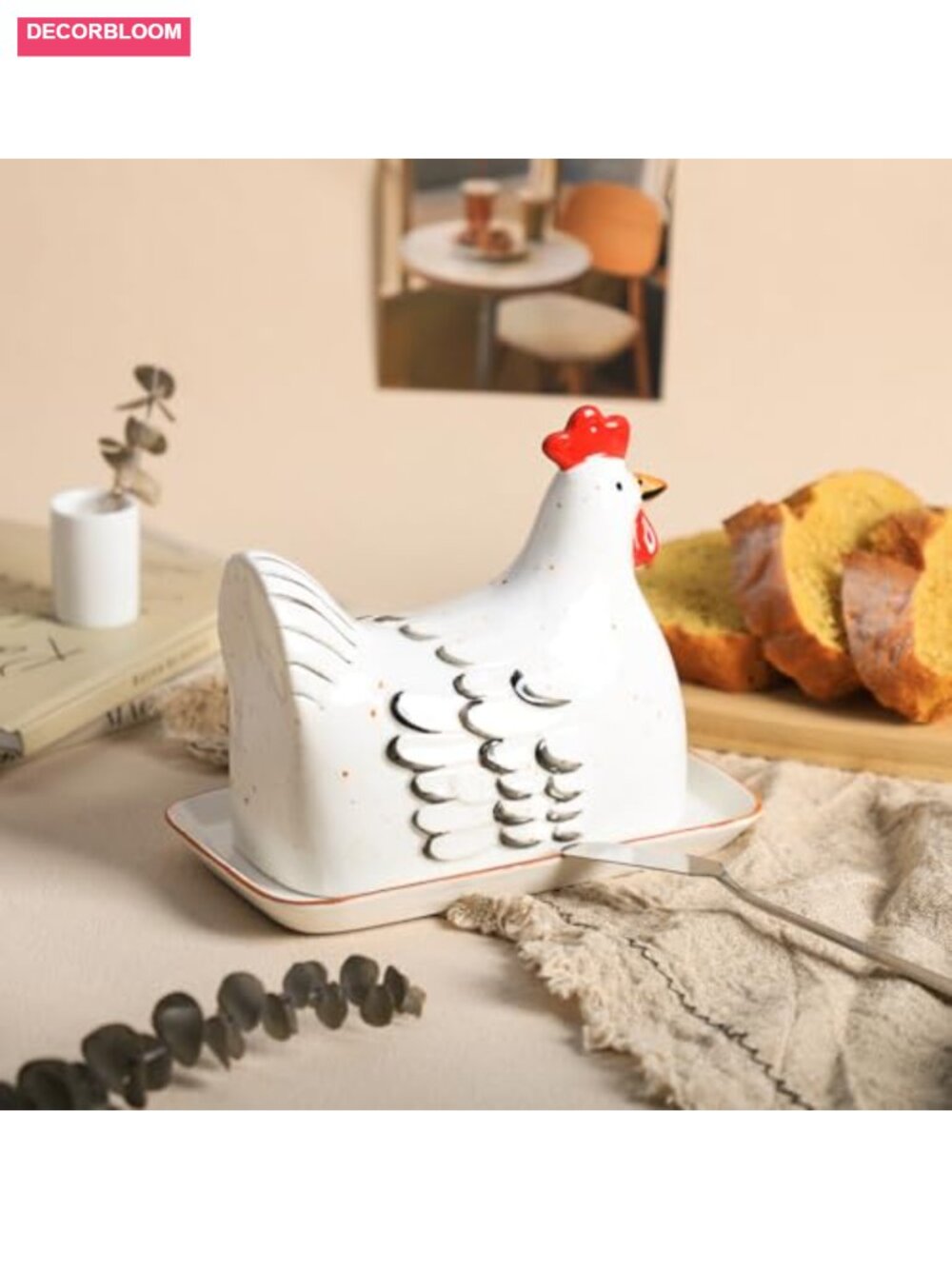 Retro Hen Ceramic Butter Dish with Lid - Butter Keeper & Plate Tray for Kitchen - Picture 5 of 6